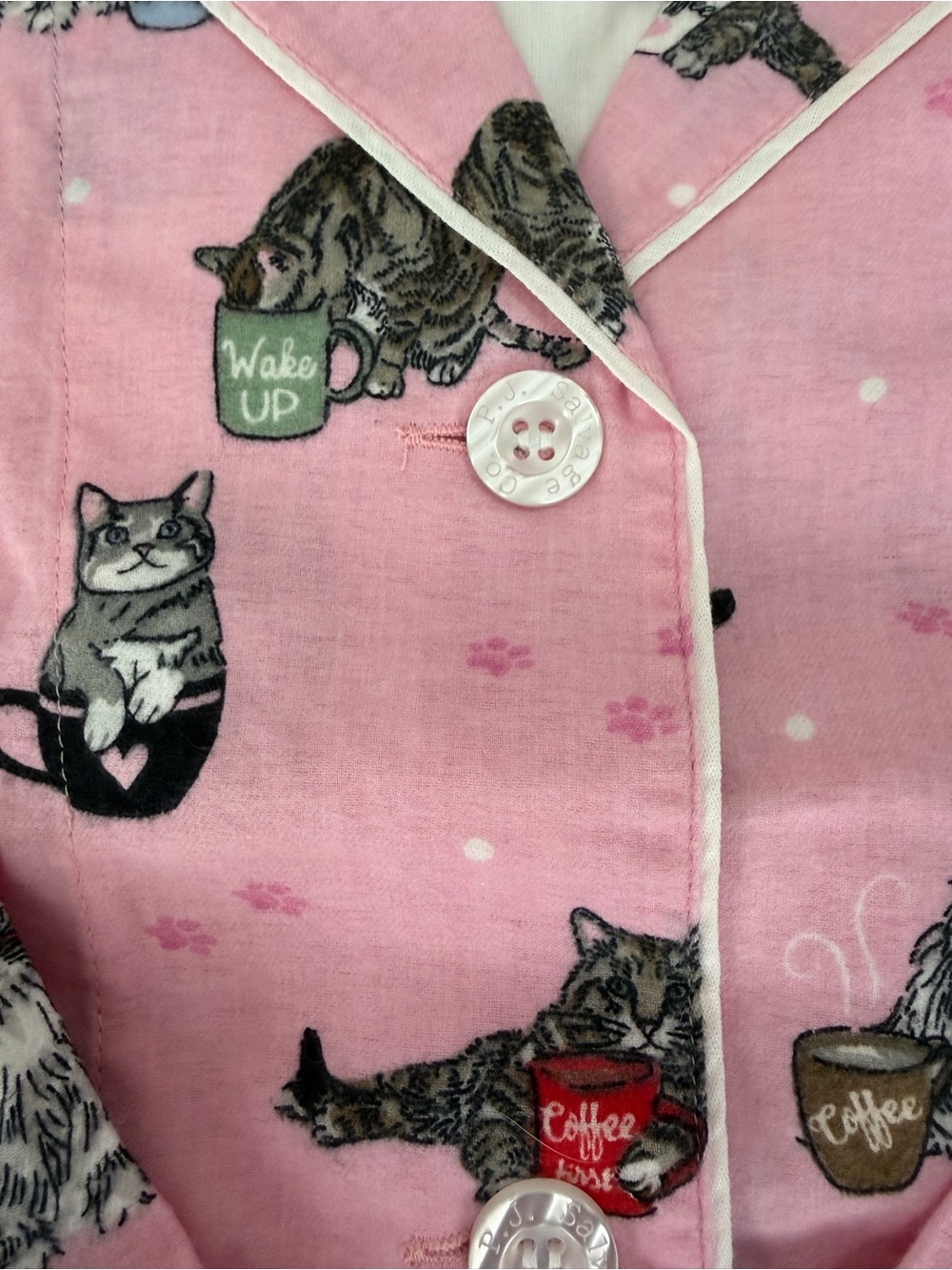PJ Salvage Lightweight Flannel Pajama Set Cats Coffee Pink Womens M Button front - Picture 8 of 10